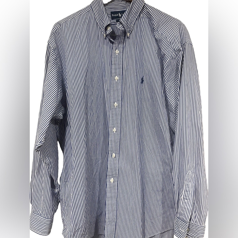 Ralph Lauren Mens Button Down Black Dress Shirt Blue and White Stripe Size XL - Picture 4 of 4